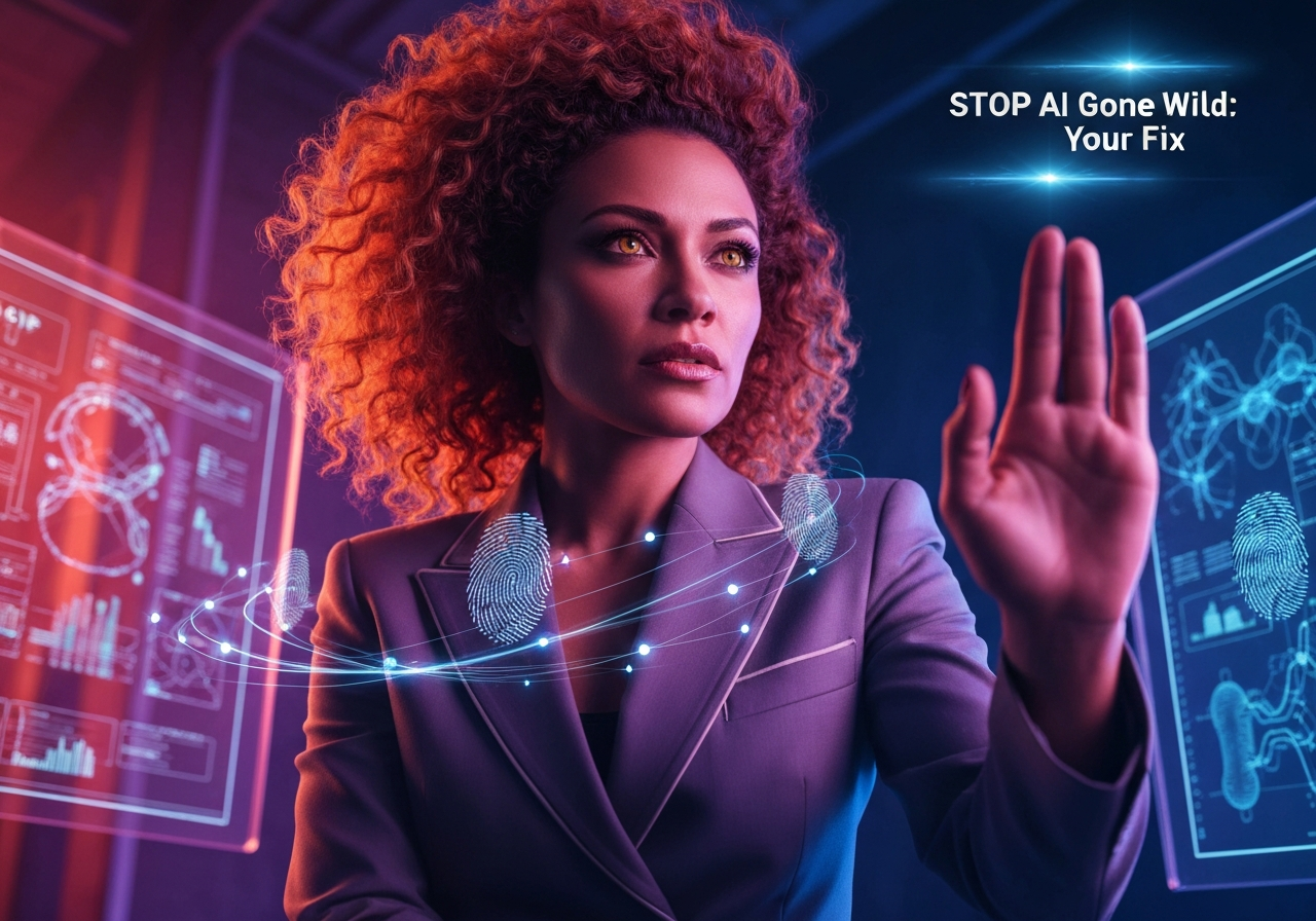Confident woman reviewing holographic AI data, implementing human-in-the-loop AI for safe decisions.