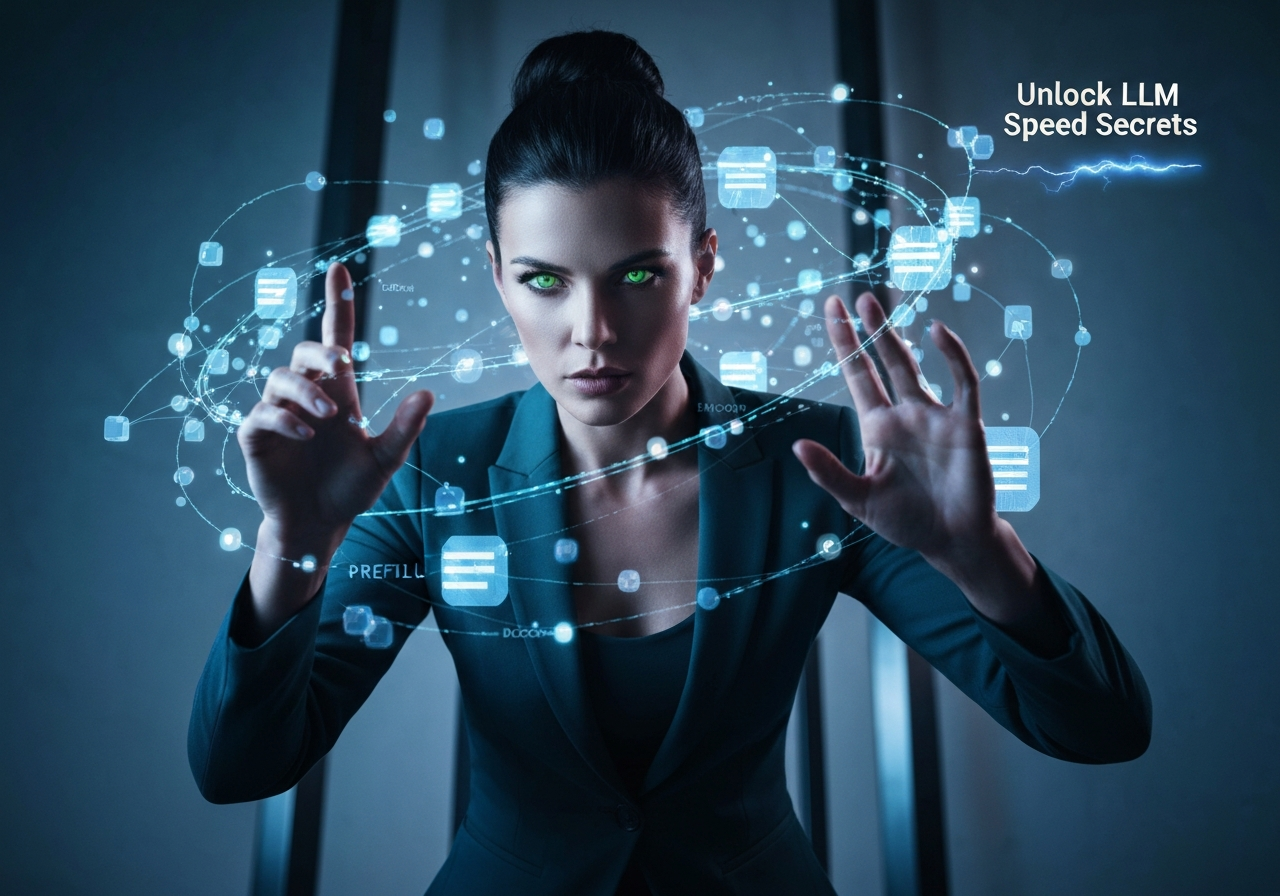 Confident woman optimizing LLM inference secrets with holographic data, showcasing Prefill, Decode, and KV Cache for speed.