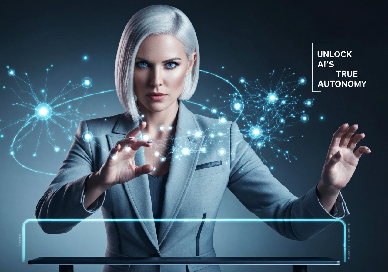 Confident woman building autonomous AI agents on a holographic interface, embodying agentic programming.