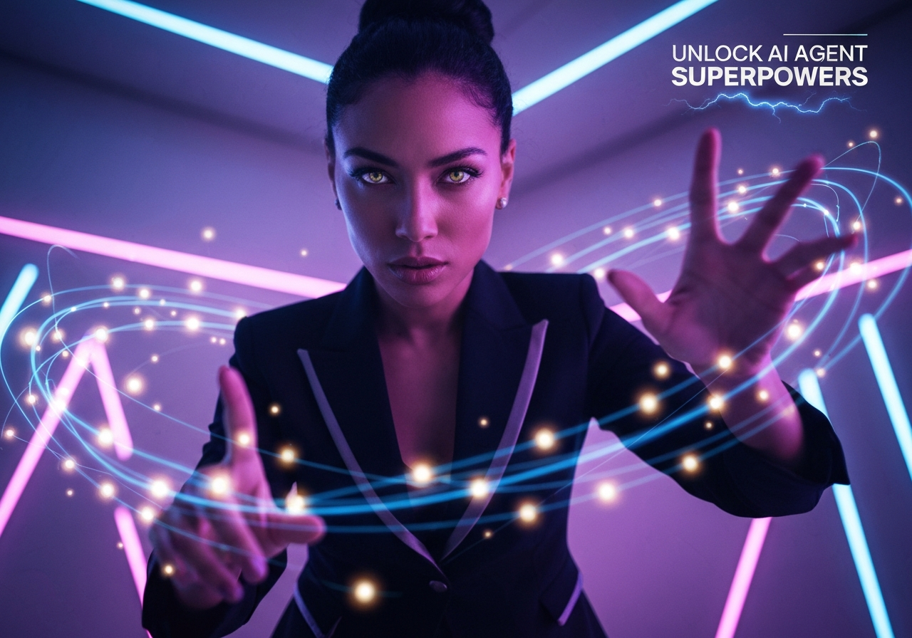 Confident woman leveraging context engineering to optimize AI agent performance in a futuristic digital environment.