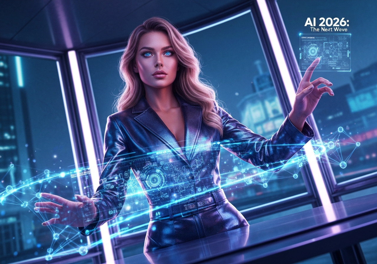 Confident woman interacts with holographic AI interface in futuristic setting, showcasing Artificial Intelligence Trends 2026. Artificial intelligence trends in 2026