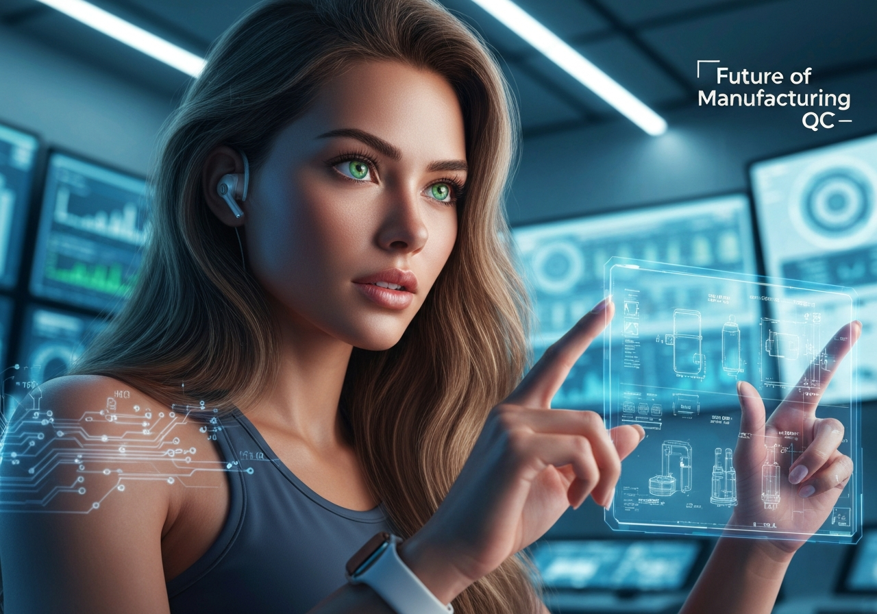Confident woman analyzing deep learning quality control data in a smart factory control room.