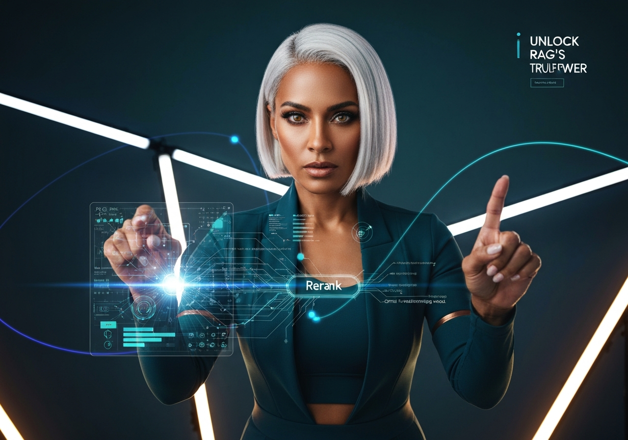 Confident woman optimizing a RAG reranking model on a holographic screen, boosting AI accuracy. Reranking Models Improving RAG