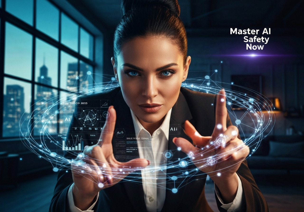 Beautiful woman with elegant updo intently analyzing statistical AI guardrails in a futuristic setting.