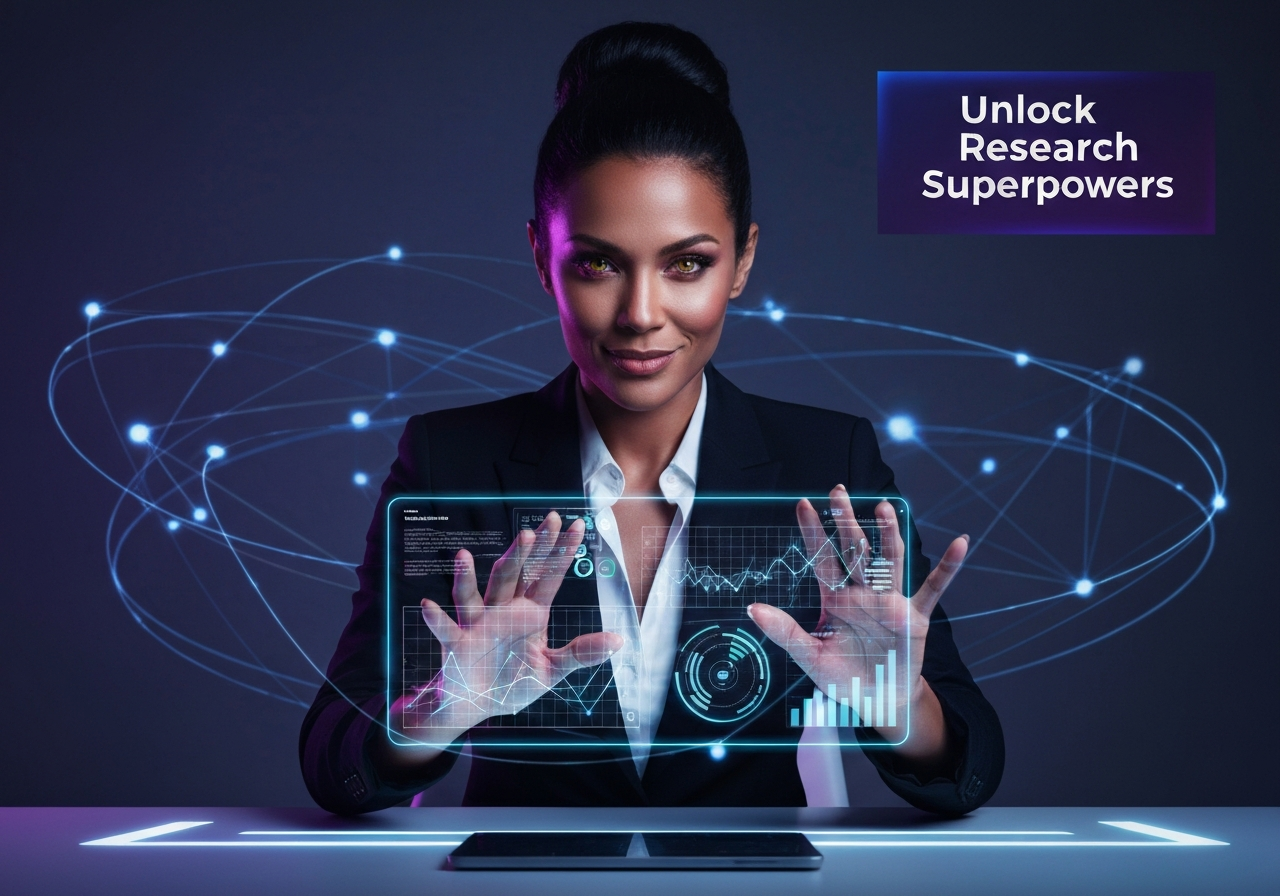 Confident woman in power suit interacting with a holographic multi-agent AI research assistant interface, glowing data around her. Multi-agent AI research assistant