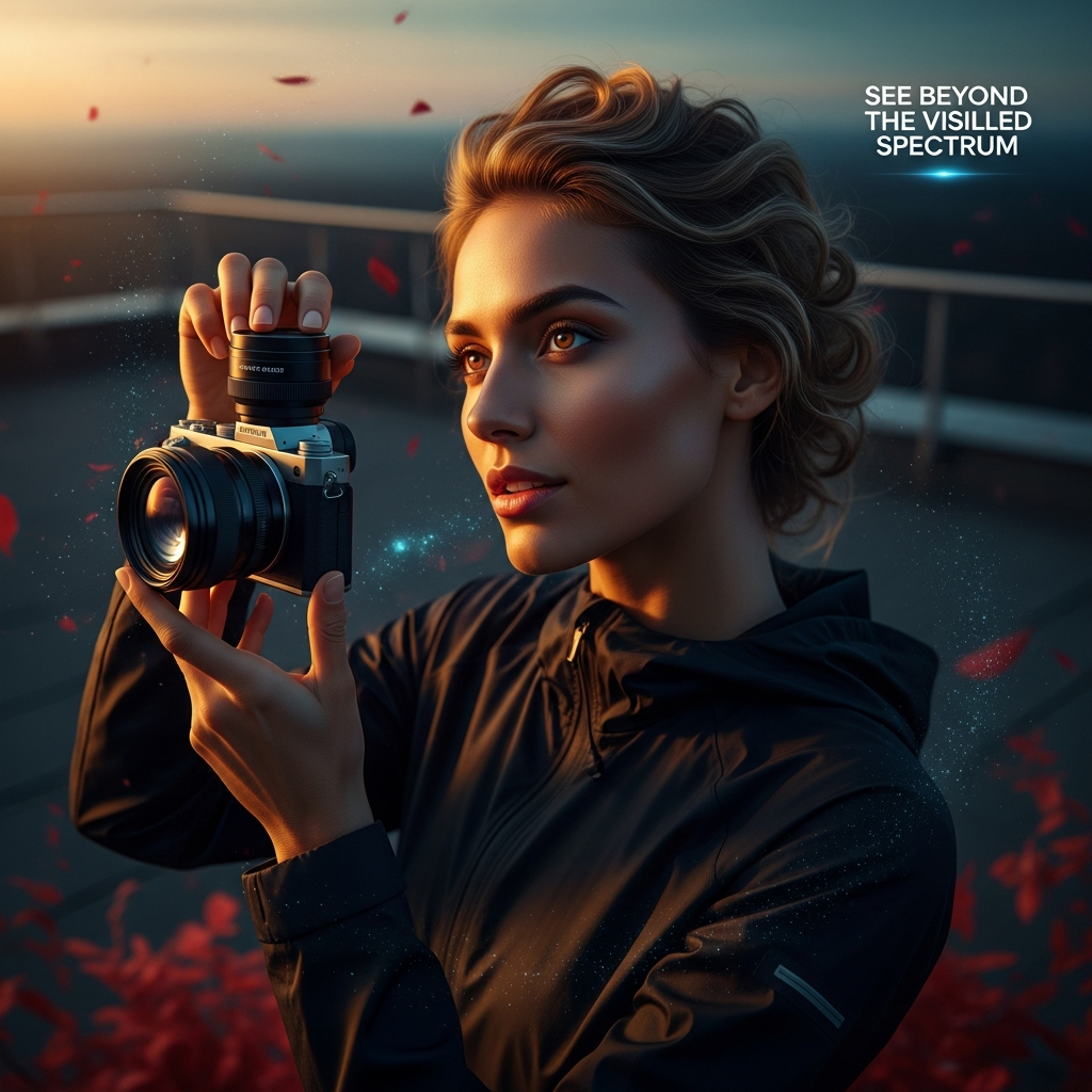 A beautiful young woman adjusts a modified DSLM for specialized tasks on a high-altitude rooftop during golden hour.