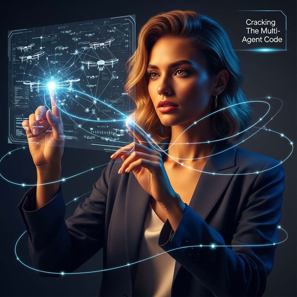 Beautiful woman designing a group reward-decoupled RL network with interactive holographic drone paths in a tech studio.