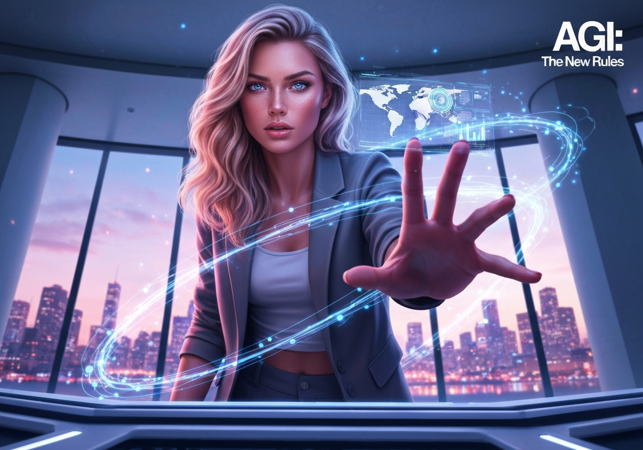Beautiful woman interacts with AGI holographic data, symbolizing how AGI changes rules and future tech.