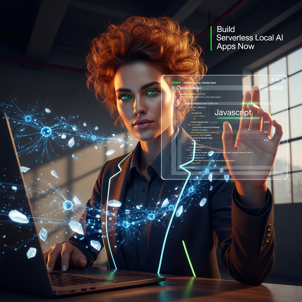 Confident woman programmer building serverless local web apps in a bright studio using in-browser AI models.