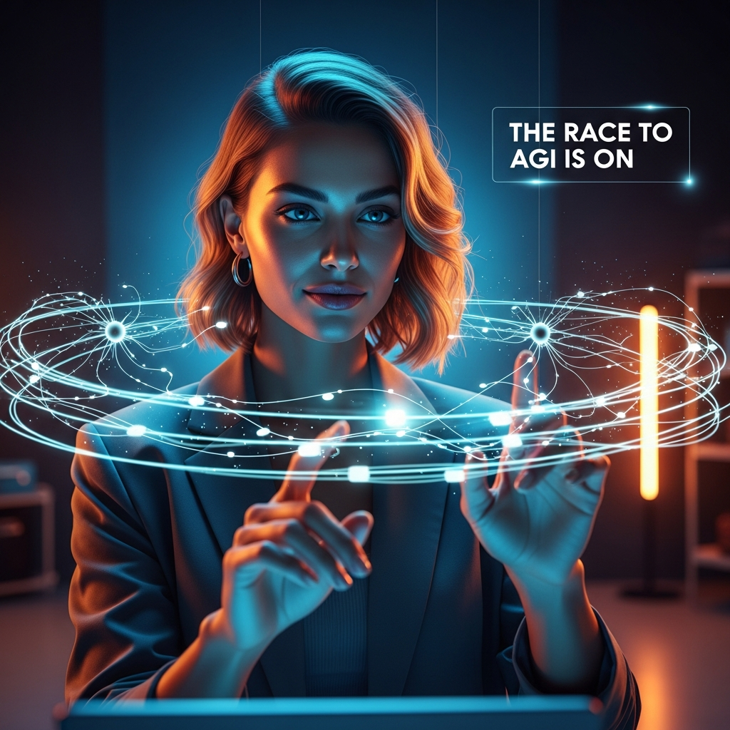 Confident young businesswoman looking at a glowing neural network, evaluating if AGI is achievable by 2026. Is AGI achievable by 2026