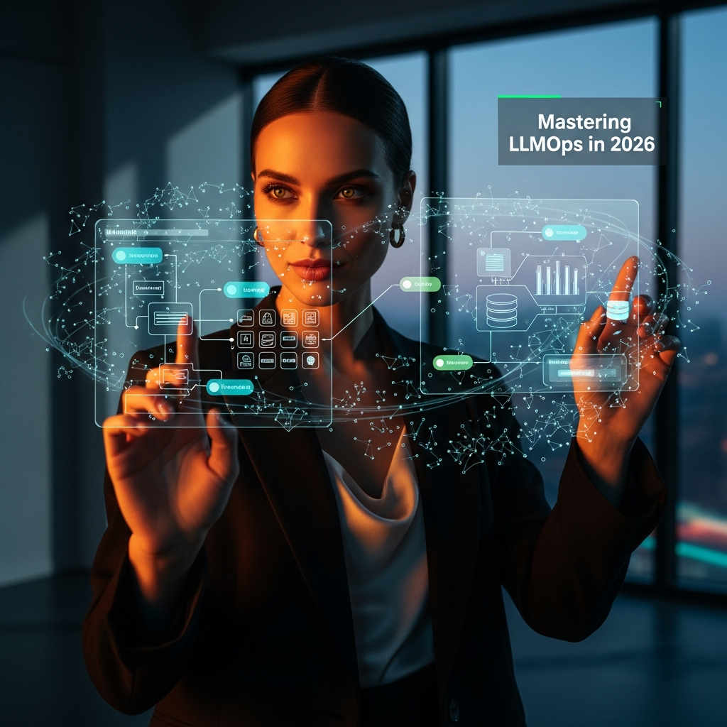 Confident female AI engineer configuring a production LLMOps architecture roadmap with holographic neural pipelines.