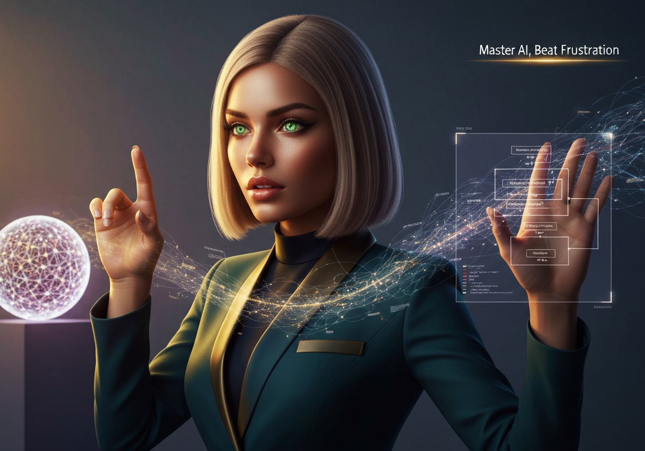 Confident woman mastering AI with loop prompting technique on a holographic interface in a modern studio.