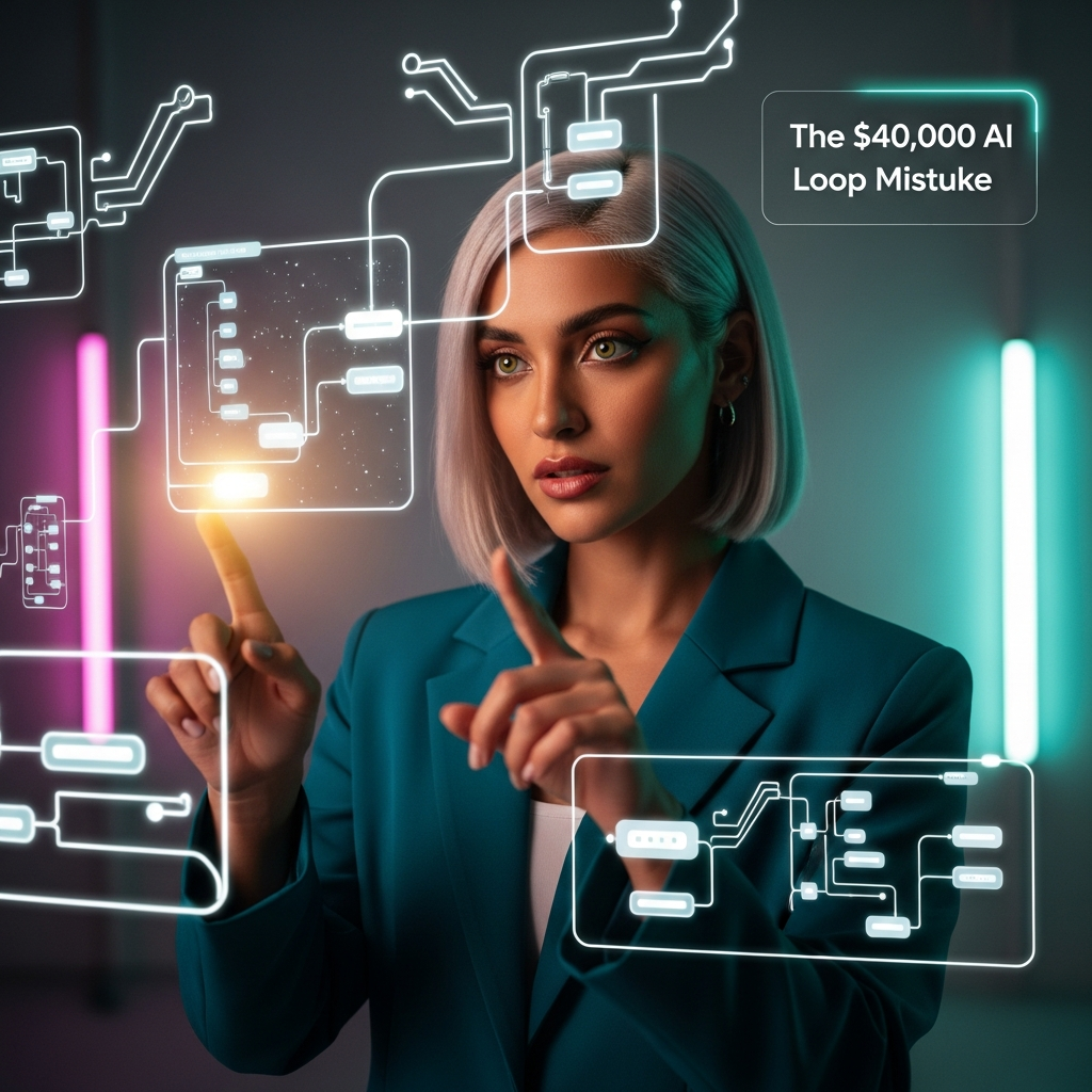Confident professional woman directing a holographic agentic workflow system node diagram in a futuristic studio setup.