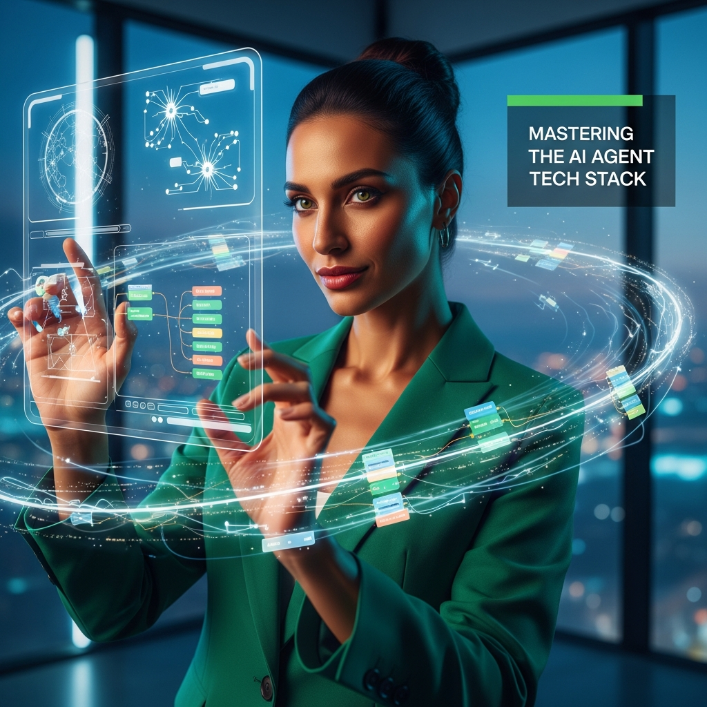 Confident olive-skinned woman in emerald suit adjusting holographic AI agent tech stack node map.