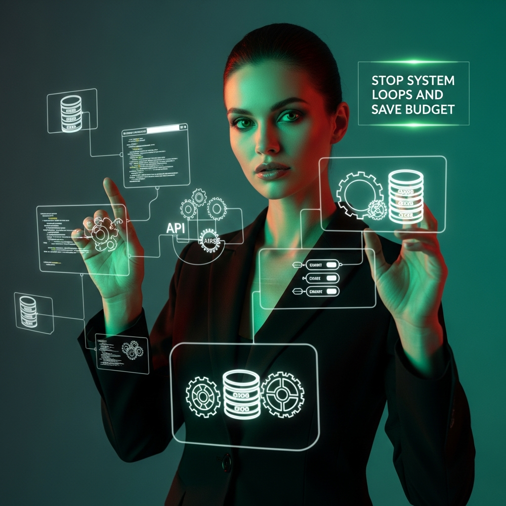 Beautiful confident woman in black suit optimizing AI agent tool selection with glowing digital schemas.