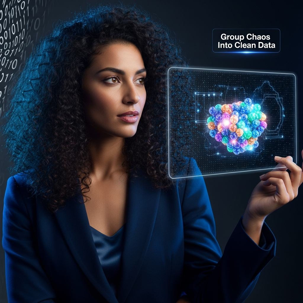 Confident olive-skinned woman in a power suit organizing glowing textual data clusters in a minimalist high-tech setting.