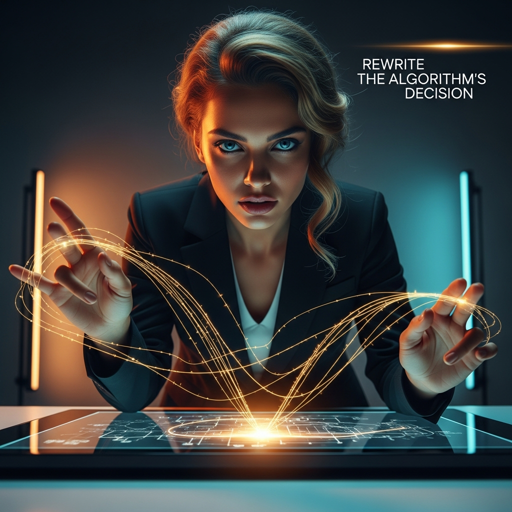 Beautiful woman in black power suit guiding glowing data paths to show how counterfactuals explain ML decisions.