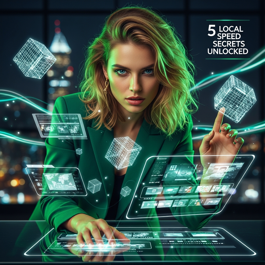 A beautiful blonde woman in a green power suit analyzes floating digital media streams using MiniCPM-V multimodal AI.