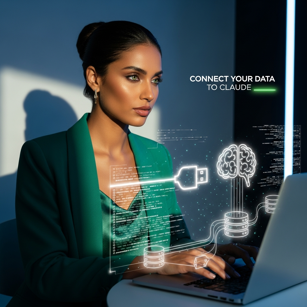 Beautiful woman in power suit connecting database schemas using Model Context Protocol.