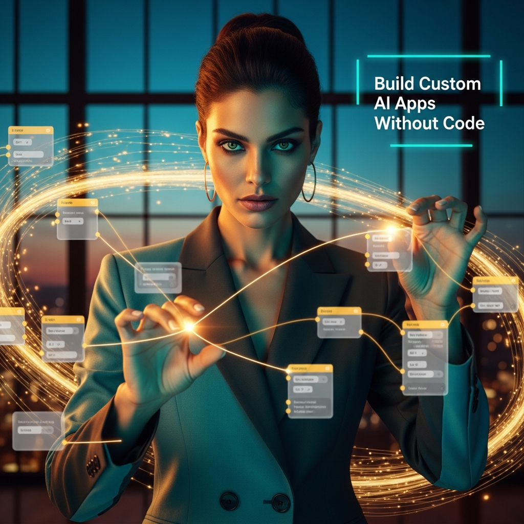 A beautiful woman in a teal blazer visually orchestrates AI agents using a glowing holographic node editor.