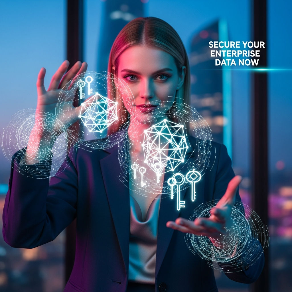 Beautiful woman holding a glowing quantum cryptography hologram inside a futuristic high-tech city loft.