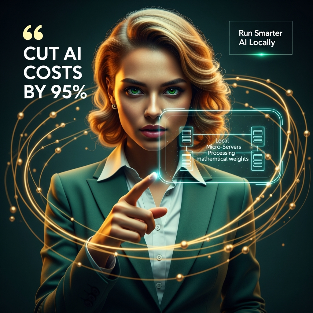 Confident blonde woman pointing to green holographic server network, representing efficient small language models.