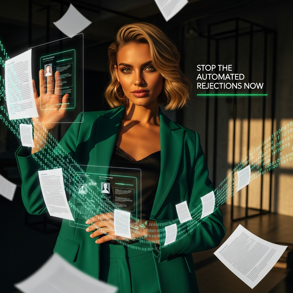 Beautiful woman in emerald suit analyzing holographic resume data in a modern urban loft. Why Are Companies Rejecting My AI Job Applications