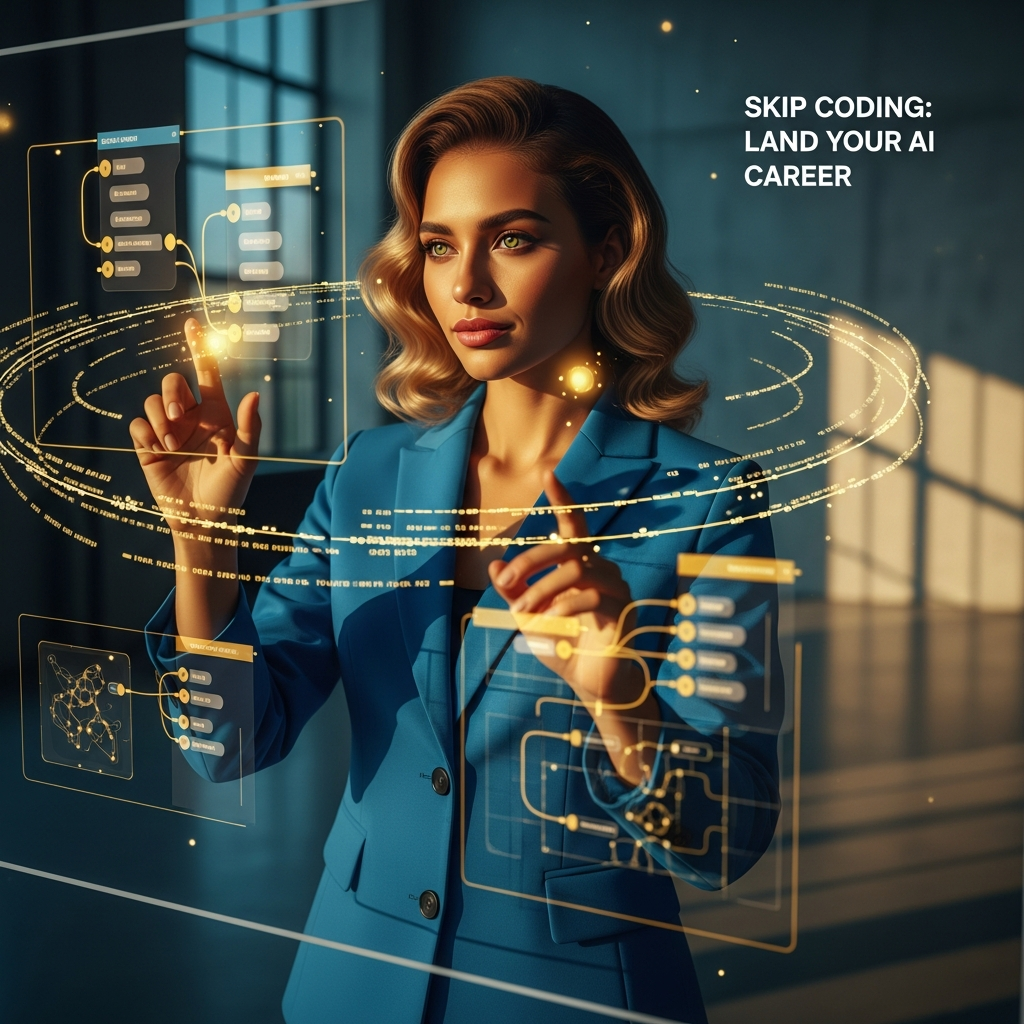 Confident woman in blue power suit managing no-code workflows, proving you can get an AI job without a computer science background. AI Job Without Computer Science Background