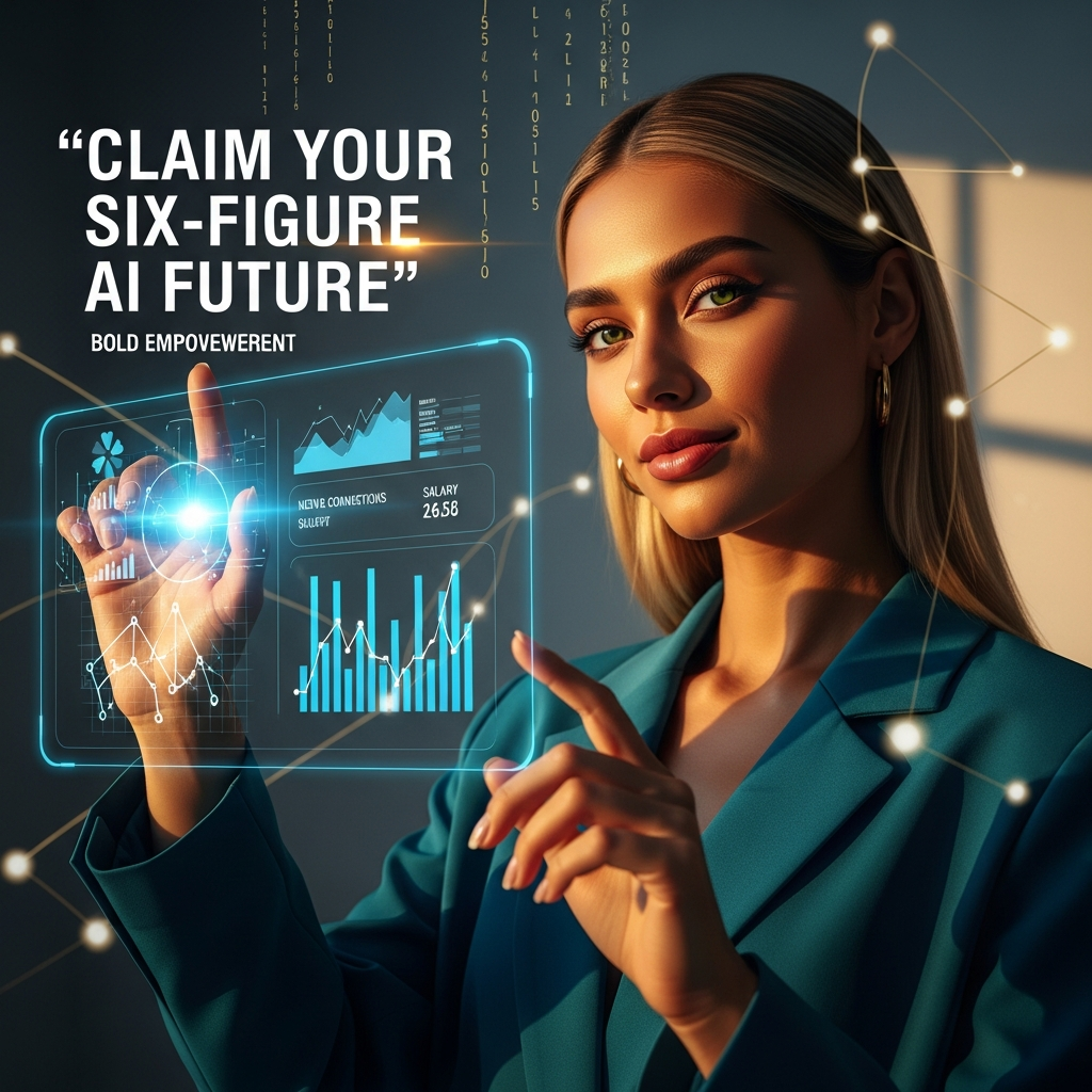 Beautiful confident woman in a teal blazer interacting with a glowing holographic tech dashboard about AI jobs.