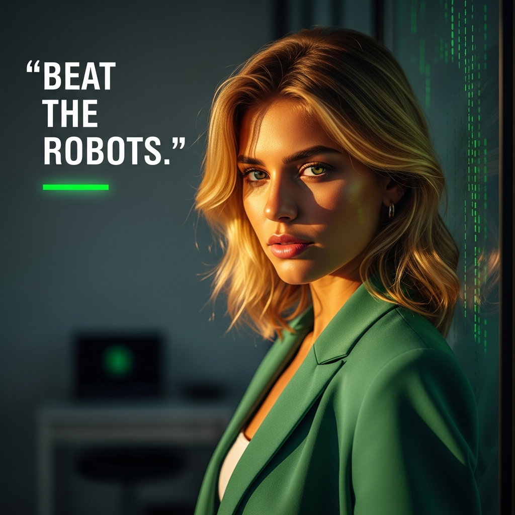 Beautiful woman in emerald suit standing in tech office with a glowing overlay reading how to get past automated screening. Make your ai resume get past automated screening