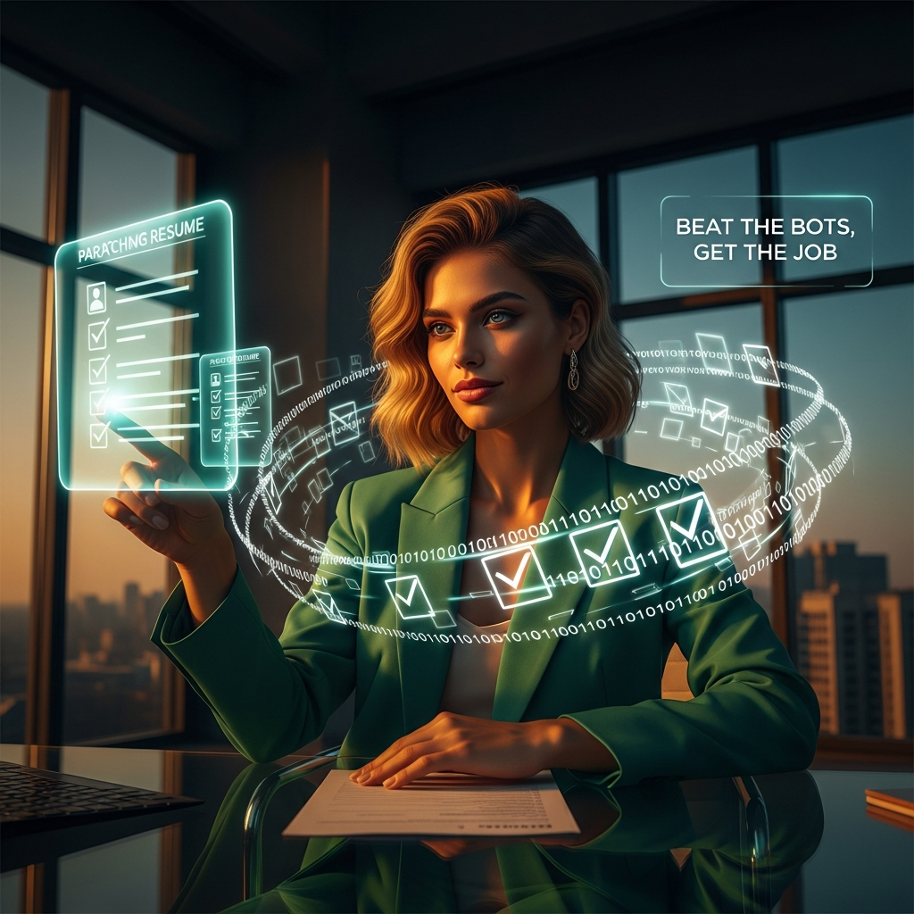 Confident young woman in an emerald green power suit optimizing her resume against digital scanning patterns. Beat AI Resume Screening
