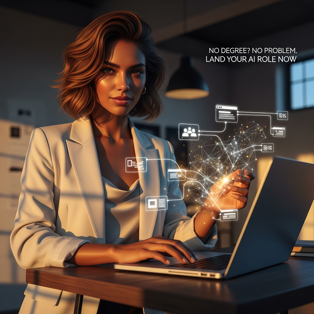 Beautiful woman working on laptop with visual AI nodes, illustrating how to get an AI job without a computer science background. Get an AI Job.