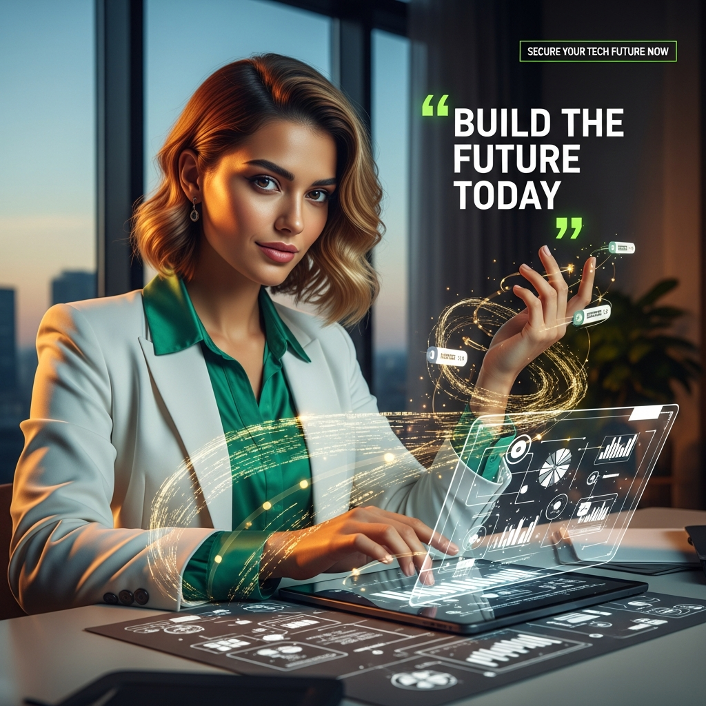 Beautiful woman in white power suit working on a tablet with glowing digital nodes, illustrating entry level AI jobs. Get hired for an AI job with no experience