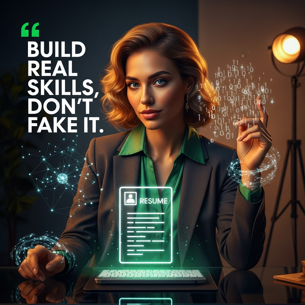 Beautiful woman looking confidently at a resume hologram, emphasizing building real resume AI skills instead of lying. Lying about ai skills on your resume