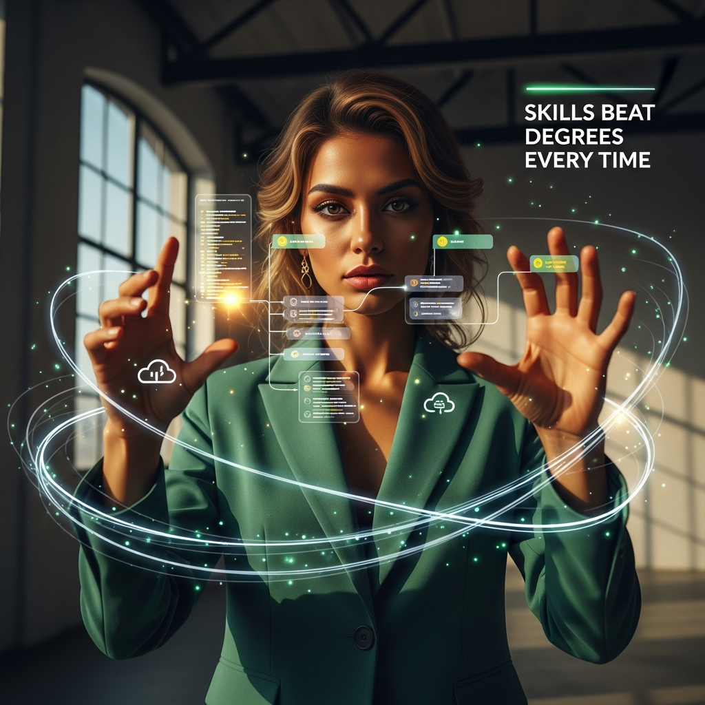 Confident woman in a green power suit manipulating floating glowing data nodes representing AI project skills. Need a master's degree for ai jobs