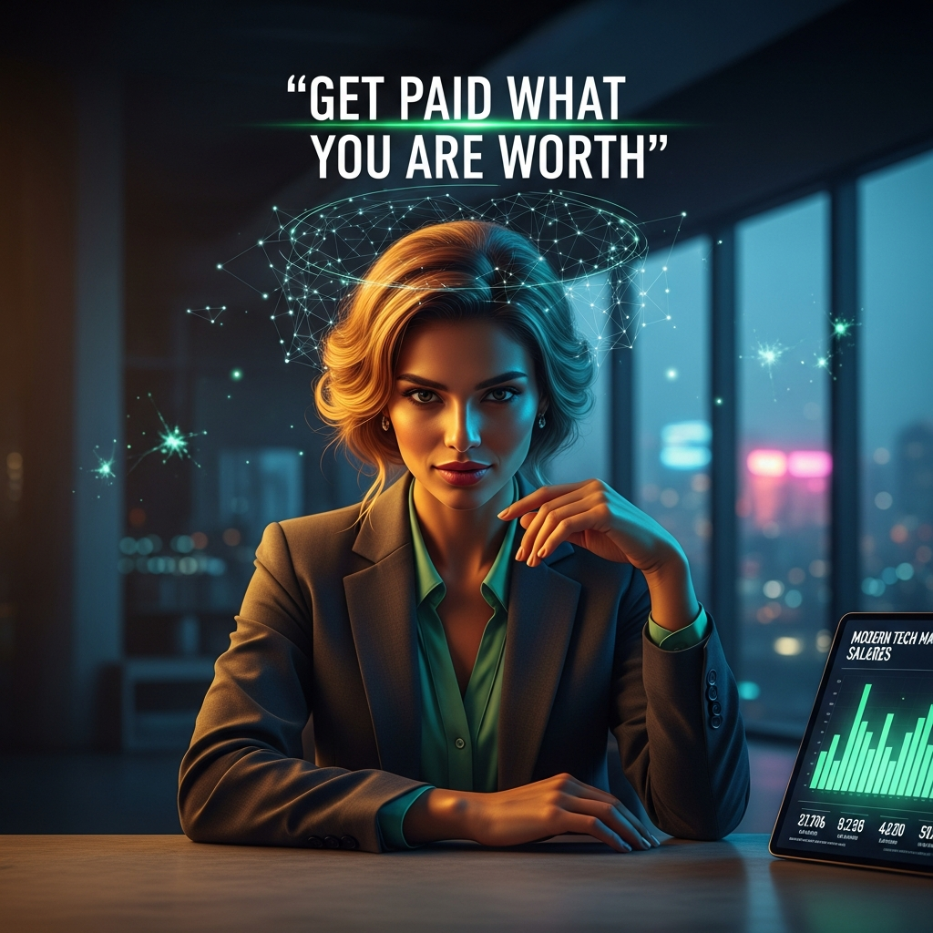 Confident businesswoman in power suit sitting at a futuristic tech desk, illustrating how to negotiate salary for an AI position.AI Jobs Have High Expectations