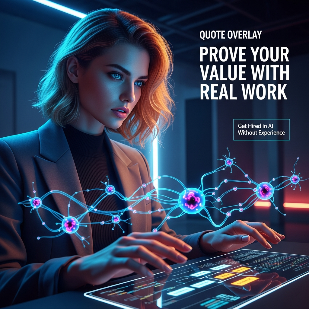 Beautiful woman coding on a futuristic interface to prove AI skills without experience in a modern tech studio.