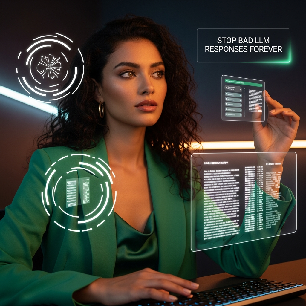 Confident woman in power suit fixing bad LLM responses with strategic RAG chunking in a neon-lit studio. RAG chunking strategies