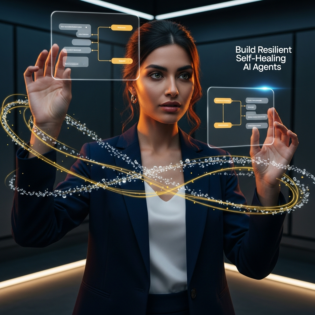 A beautiful woman in a power suit builds self-correcting AI agents using glowing, interactive feedback loop interfaces. Self Correcting AI Agents