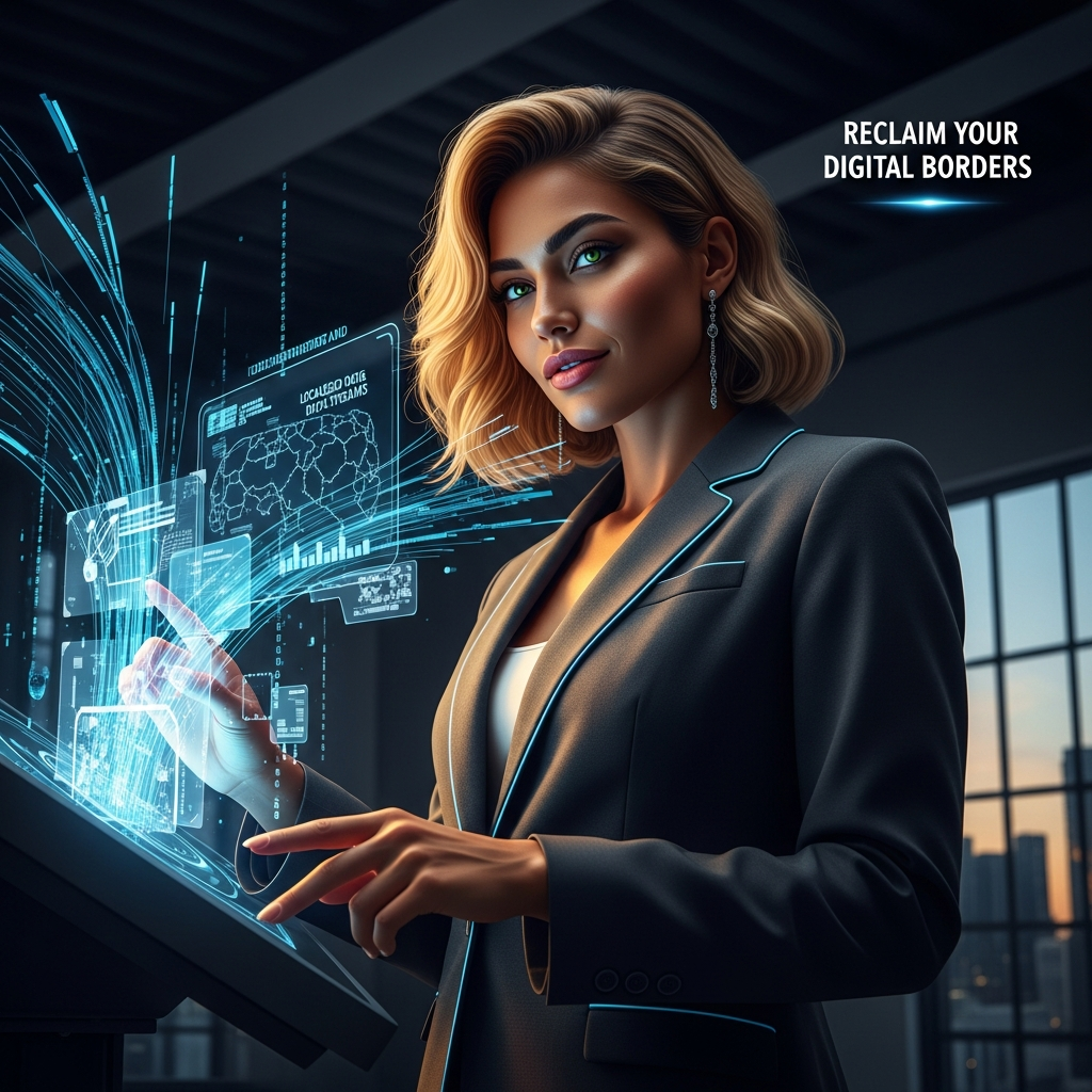 Confident woman in a power suit working with a secure holographic interface representing tech sovereignty balancing global AI. How tech sovereignty balances global AI