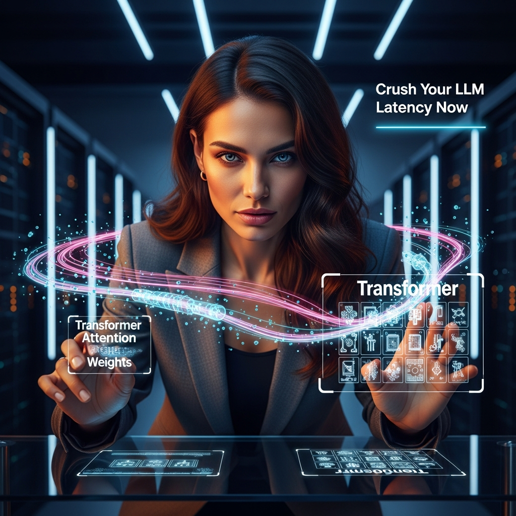 Confident female AI engineer optimizing transformer inference performance in a server environment. Transformer inference performance