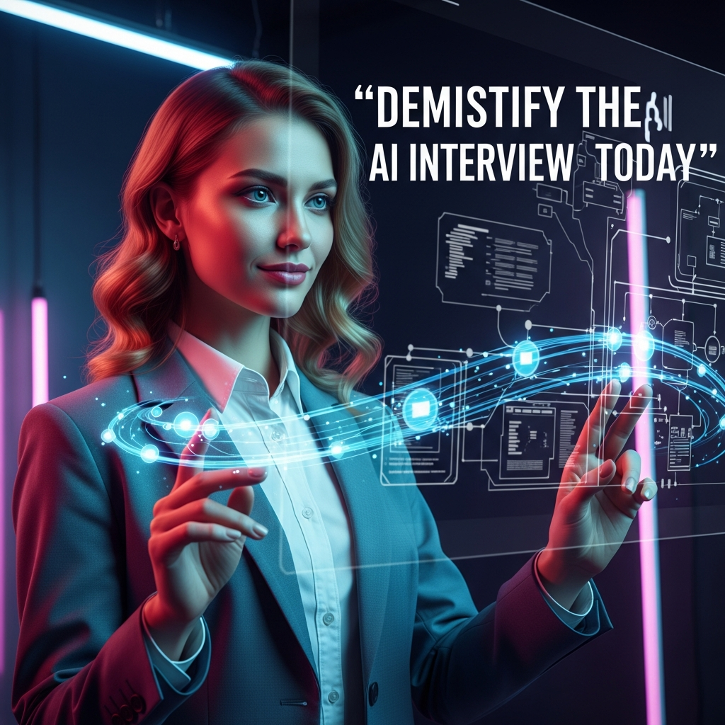 Confident young woman in power suit analyzing holographic AI systems, showcasing what hiring managers seek in AI candidates.