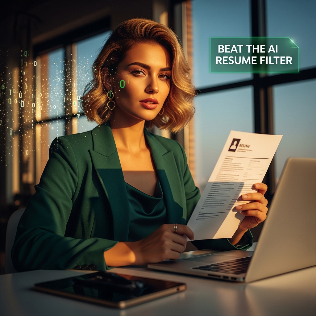 Confident businesswoman in emerald green suit holding an optimized resume after beating the AI screening problem. Why am I not getting job interviews
