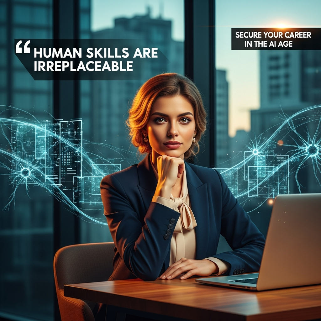 Beautiful woman in power suit at desk with laptop, representing AI-proof careers and secure jobs.Will AI Replace My Job?
