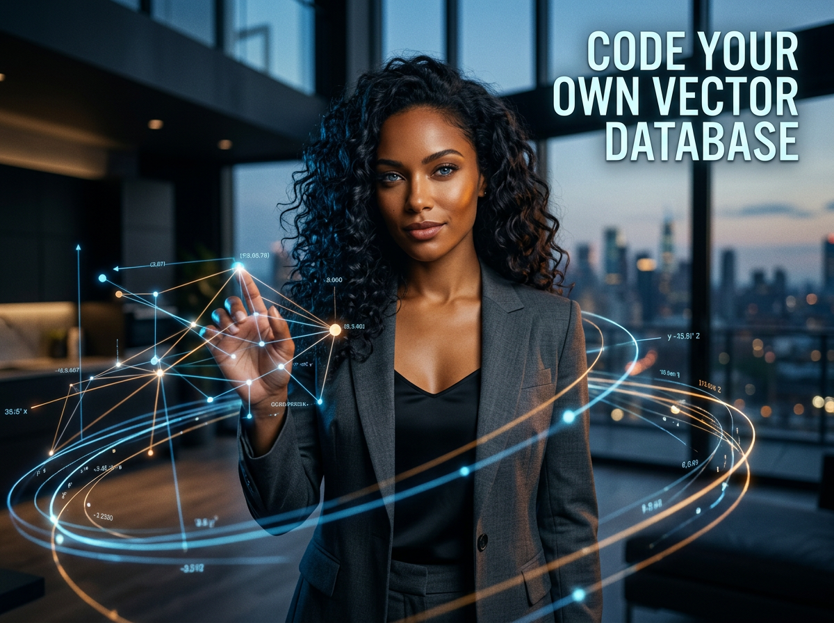 A beautiful woman in a power suit interacting with a glowing holographic vector database in her office. Build a vector database