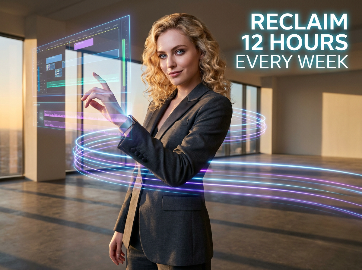 Beautiful blonde woman in power suit using CUE by Manus gesture control to edit videos in a minimalist studio setting. CUE by Manus