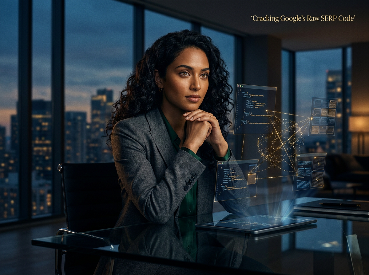 A professional woman analyze search engine results using glowing visual Google SERP API data grids in a modern office. Google SERP API data