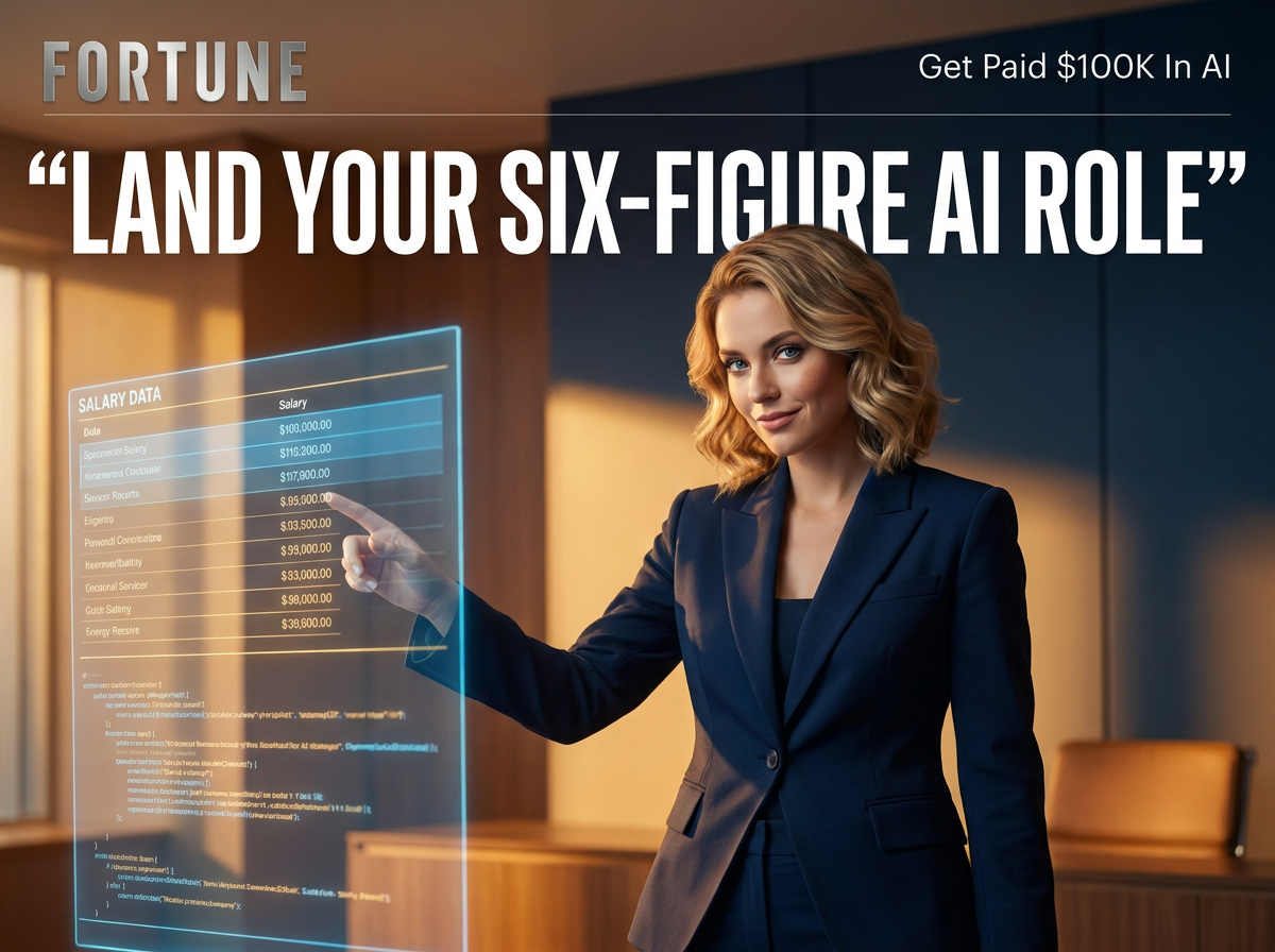 Confident professional woman pointing at glowing $100K AI career salary data in a modern office. AI Jobs That Pays USD100K