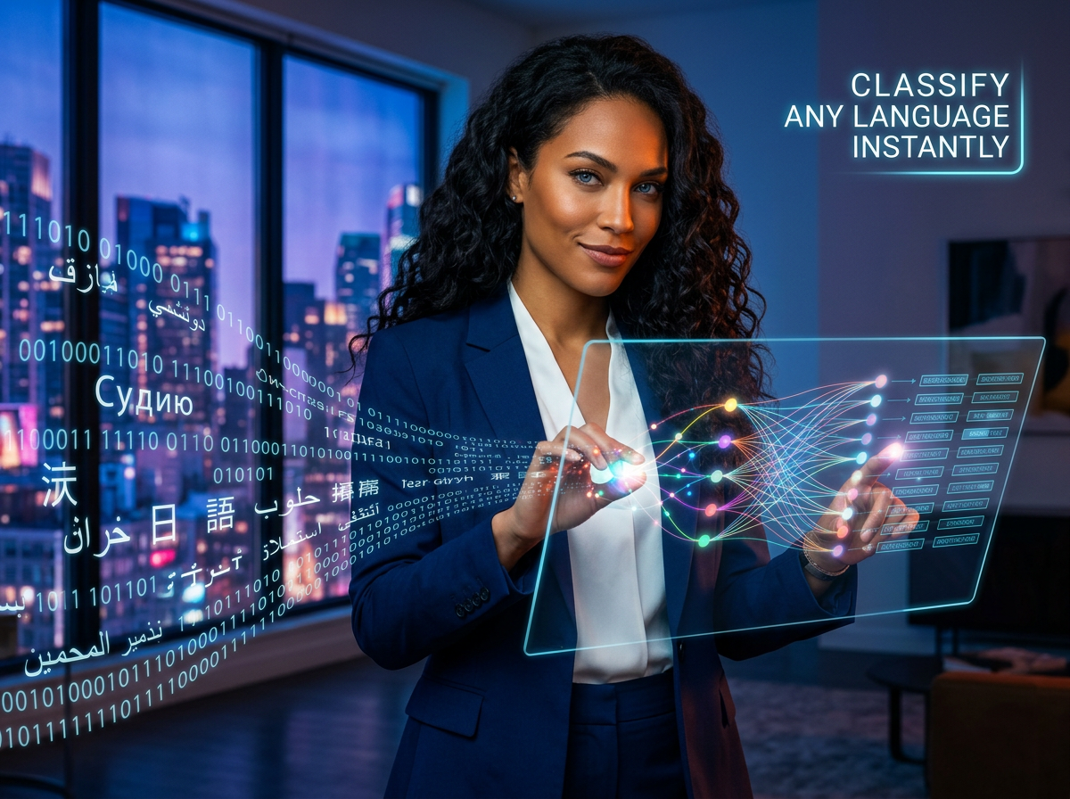 Confident woman in power suit classifying multilingual data on a glowing digital interface. Multilingual text classification