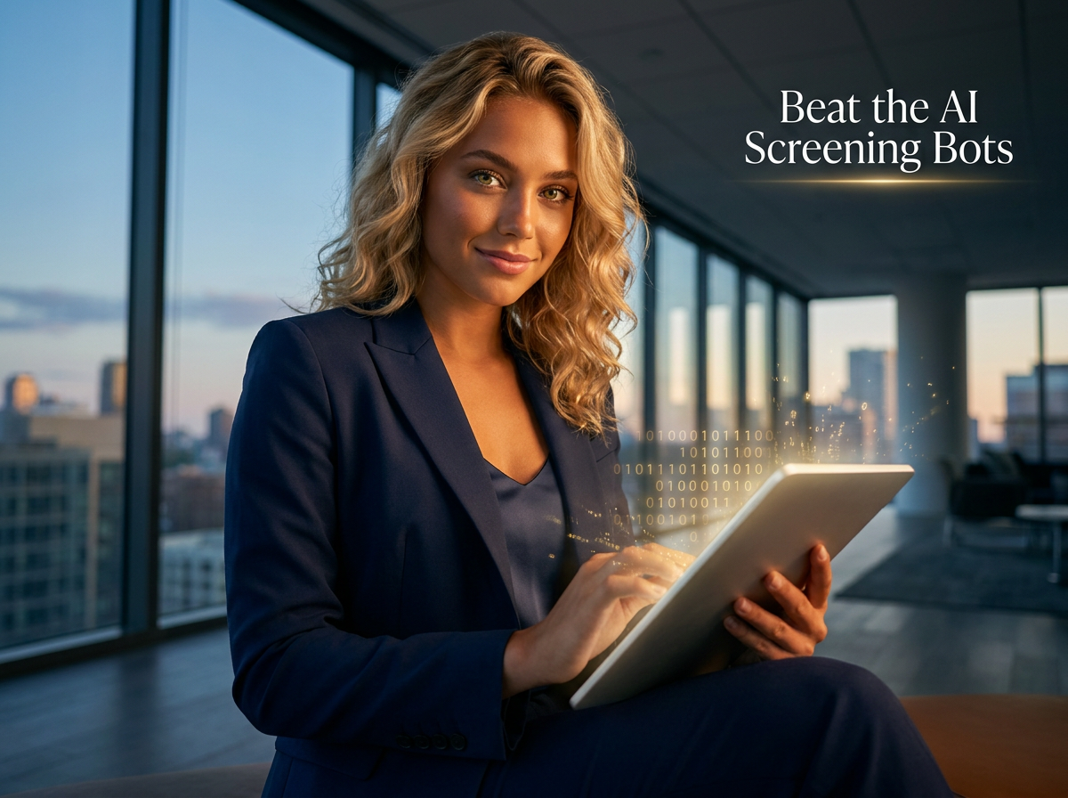 Beautiful woman in a navy power suit holding a glowing tablet in an office with digital data particles.